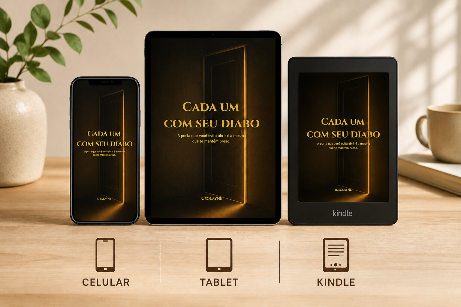 E-book aberto no celular, tablet e Kindle